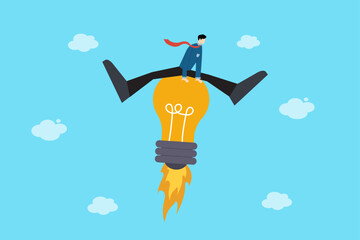 Businessman riding rocket lightbulb creative startup innovation success flat vector illustration