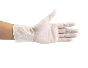 A gloved hand is extended, showcasing a clean, white latex glove with fingers slightly spread.