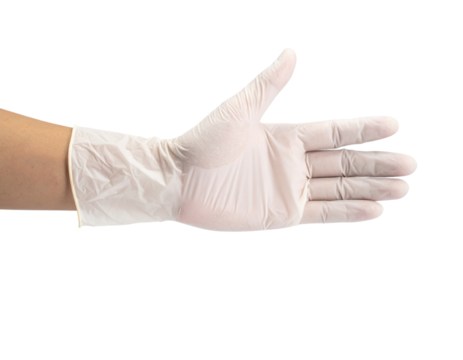 A gloved hand is extended, showcasing a clean, white latex glove with fingers slightly spread.