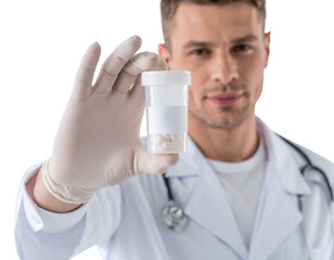 A medical professional holds a container with pills, showcasing a focus on health and medication in a clinical setting.