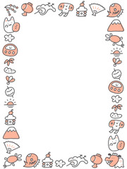 正月の縁起物の手描きのかわいい和風キャラクターフレーム　縦長