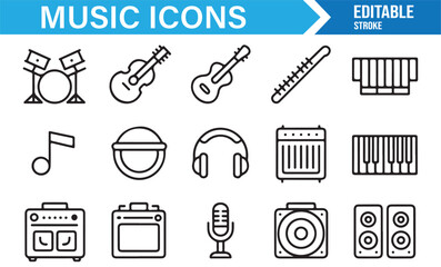Editable line style music icons – band instruments, audio gear, sound equipment collection for design projects