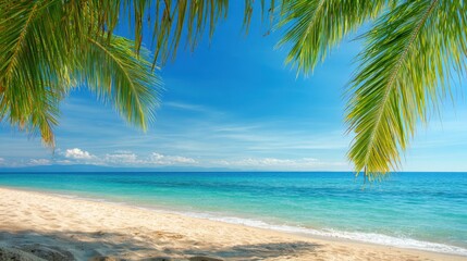Soft white sand meets clear turquoise water under a bright blue sky, while palm tree leaves sway gently in the warm ocean breeze. A tranquil setting for relaxation and escape.