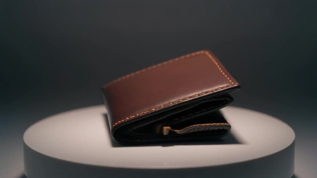 4K cinematic video of a luxury leather wallet rotating slowly on a glossy white platform with professional studio lighting crisp details and minimal composition ideal for fashion accessories and produ