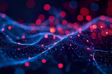 A futuristic, abstract visualization of a data network with glowing, connected nodes. This high-tech image represents big data, digital technology, global communication, and business innovation