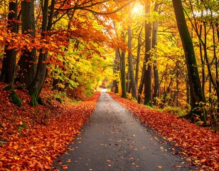 Autumnal pathway through a vibrant forest
