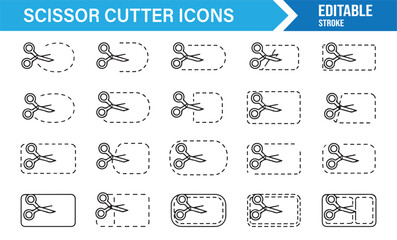 Editable dashed scissor cutting icons – coupon border, label frame, and trim shapes collection