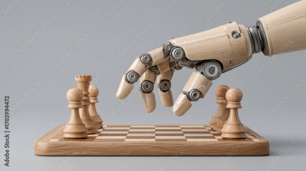Poster robotic hand strategically moves piece on chess board symbolizing artificial intelligence and techno