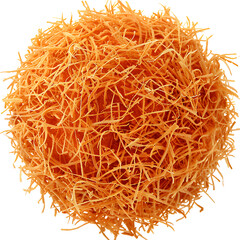 Fototapeta premium A close-up of a spherical bundle of orange shredded material resembling moss or fiber, isolated on a white background.