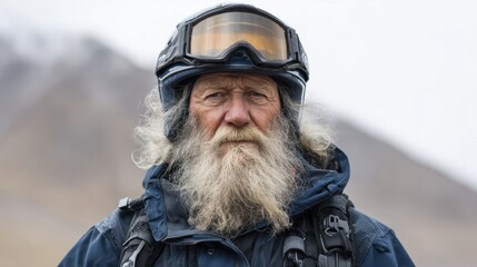 Elderly man with long grey beard wearing a helmet and rugged clothing stands outdoors against a blurred mountainous background in a cold climate