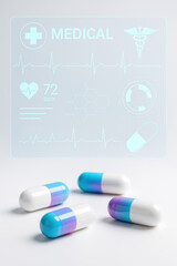 Medical Capsule: A visually arresting display showcases pills in an environment of clinical precision and digital health data.