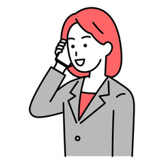 スマートフォンで話すスーツの女性