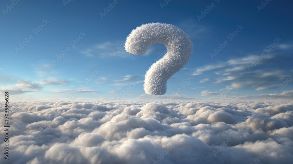 Poster a fluffy cloud in the shape of a question mark is suspended in a bright blue sky, hovering over a th