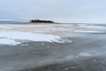 The famous Paltsensky uninhabited island on the frozen Volga River at its widest and deepest point near Ulyanovsk.