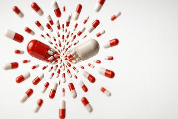Pharmaceutical Composition: A captivating image of prescription pills forming a radial pattern. The photograph highlights the colorful capsules and capsules.