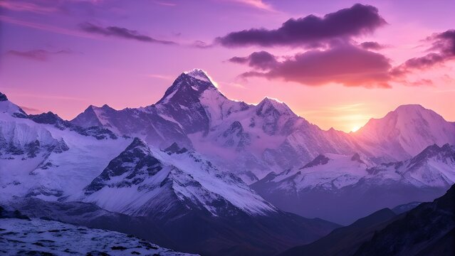 Majestic snow capped mountain range at sunset with purple sky