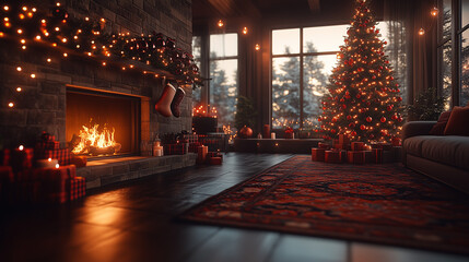 Cozy Christmas Interior Scene: A beautifully adorned Christmas tree, illuminated fireplace, and festive decor, exuding warmth and holiday charm.