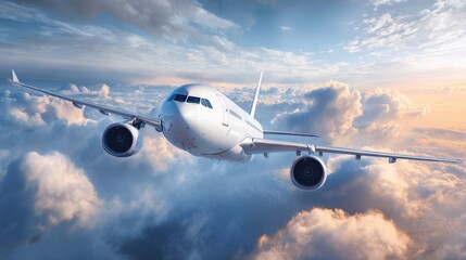 Obraz premium An airplane is soaring high above the clouds during sunset, with vibrant colors illuminating the sky. The aircraft highlights the advancements in modern air travel and safety.