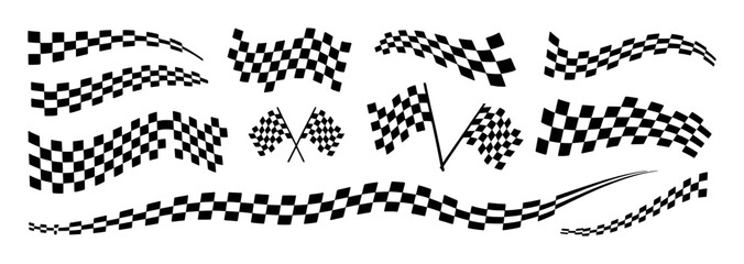 Collection of Black and White Checkered Flags and Wavy Ribbons © Sultana