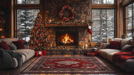 Cozy Christmas Interior: A beautifully decorated living room, with a crackling fireplace, a festive Christmas tree and festive decorations capturing the warmth and spirit of the holiday season.