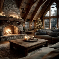 Cozy Interior with Fireplace: A rustic living room features a glowing fireplace and a Christmas tree, exuding warmth and inviting atmosphere, creating a perfect setting for relaxation and festive joy.