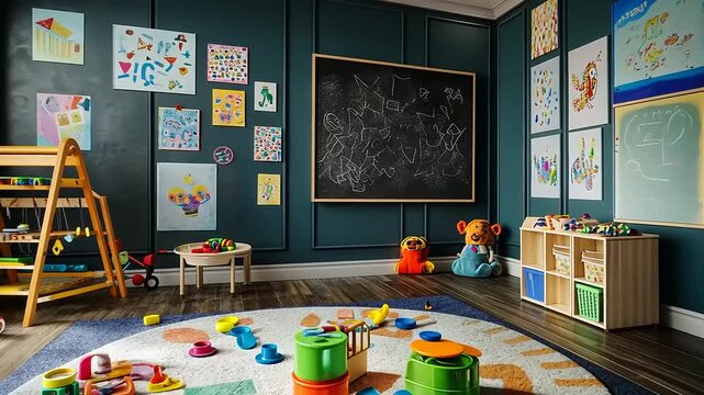 Bright and colorful children's playroom filled with toys, drawings, and educational materials