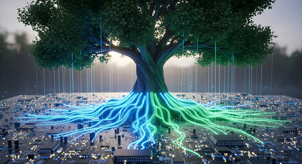 Digital tree of life with vibrant roots, symbolizing growth and connection in a technological world, perfect for tech or environmental projects