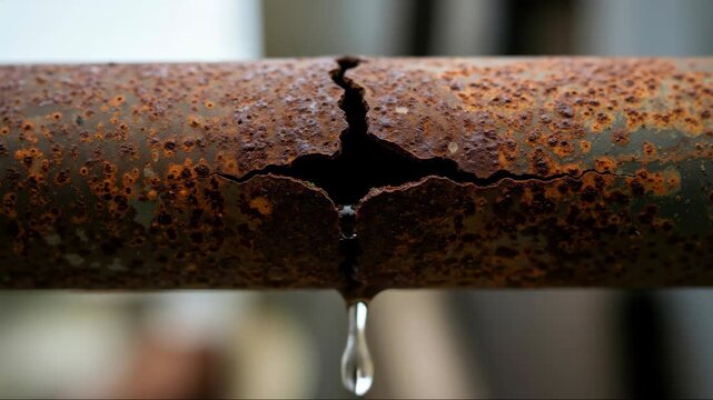 Close-up of a rusty pipe leaking water. Water dripping from a crack in a corroded metal pipe. Plumbing failure and infrastructure decay concept.