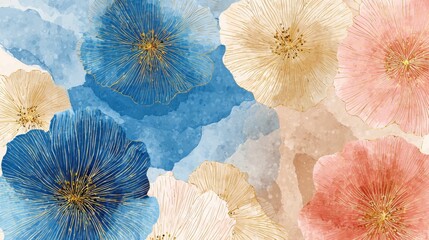 Large flowers in vivid colors bloom against a delicate watercolor backdrop. The design features shades of blue, pink, and gold, creating a serene and uplifting atmosphere.
