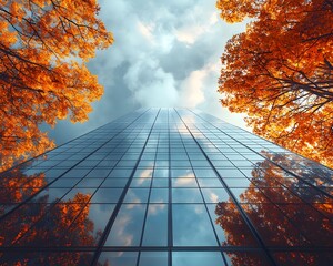 A striking low angle view of a modern glass skyscraper reflecting autumn foliage and a cloudy sky
