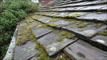 Moss and lichen cover weathered roof tiles, showcasing natures reclamation. The surroundings are lush with greenery, indicating a damp environment ideal for plant growth.