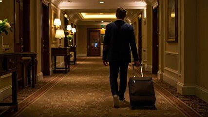 A man with a suitcase walks down a luxury hotel corridor. Businessman on a corporate travel trip. Journey and hospitality concept. - Powered by Adobe