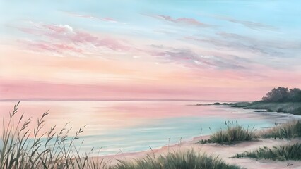 Serene coastal landscape at sunrise with soft pastel sky and calm water