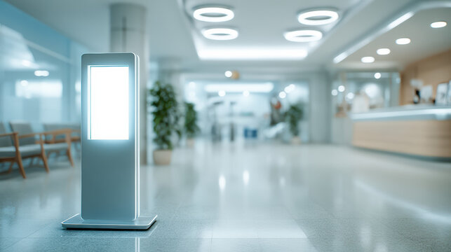 A modern hospital lobby with an illuminated digital kiosk stands in focus. Clean lines, bright lighting, and a calm atmosphere highlight this healthcare reception area.