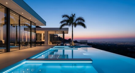 Fototapeta premium Contemporary architecture by infinity pool with city view during twilight