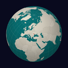 Republic of Moldova on the map. Globe centered to Moldova. Country location on the world map. Teal Pale Mint color palette. Globe with countries, meridians and parallels.