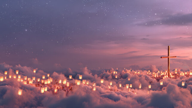 A golden cross rises above glowing lanterns floating in dreamy clouds. The scene radiates spirituality and celestial peace with a starry night sky.