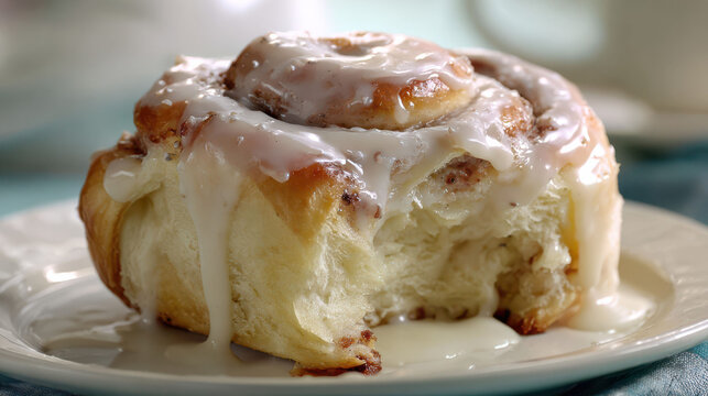 A close-up of a freshly baked cinnamon roll covered in creamy icing. The gooey glaze and soft, fluffy dough make this sweet pastry an irresistible breakfast treat.