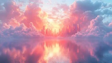 Obraz premium Futuristic city skyline bathed in warm sunset light with clouds reflected in tranquil waters