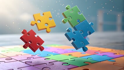 Colorful puzzle pieces connecting and floating in mid air
