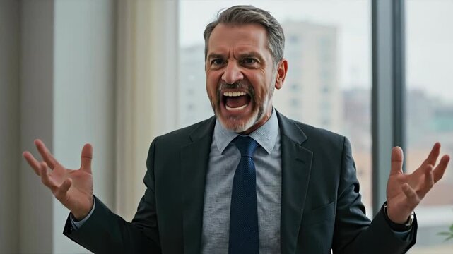 Angry frustrated businessman shouting in an office. Stressed manager gesturing during a difficult conversation. Corporate conflict and business problem concept.
