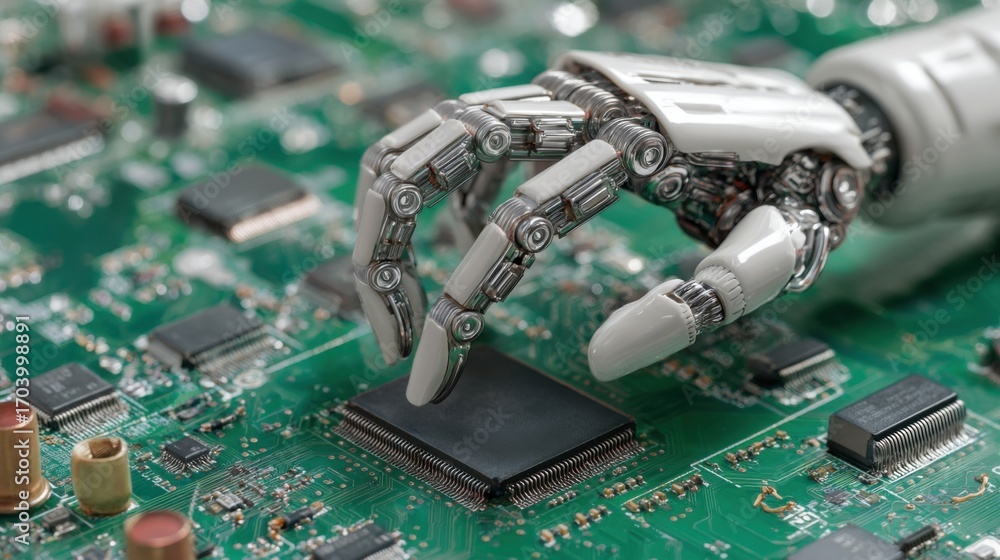 Aufkleber a robotic hand is carefully engaging with a microchip positioned on a green circuit board, showcasin