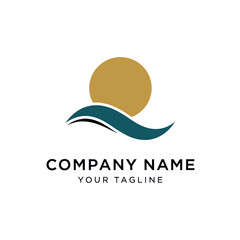 Simple logo design featuring a golden sun and teal waves, ideal for a company brand.