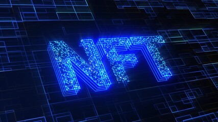 Illuminated NFT text in a neon style surrounded by geometric elements, symbolizing cryptocurrency technologies and blockchain concepts in a futuristic design. - Powered by Adobe