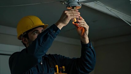 A professional electrician installs a new light bulb in a ceiling fixture. A skilled worker in a hard hat completes an electrical repair. Home improvement and maintenance service.