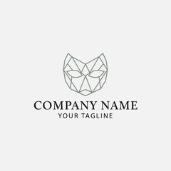 Geometric line art mask of a feline head, minimalist logo design.