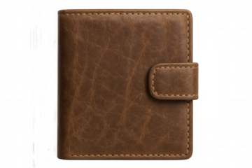 Brown leather wallet displaying detailed stitching and rich texture against transparent backdrop