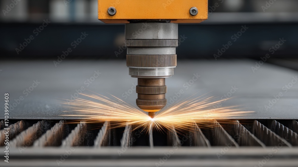 Poster laser cutting process creating sparks on sheet metal in industrial workshop environment with close-u