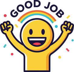 Colorful graphic icon of a cheerful character celebrating success, symbolizing praise, positive feedback, and accomplishment