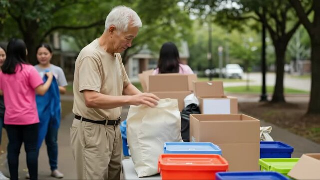 Senior Asian man volunteers at a community charity drive. An older person sorting donated clothes into boxes. Intergenerational volunteering and generosity concept. - Powered by Adobe